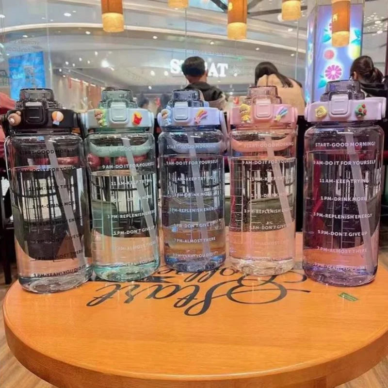 2 Liter Water Bottle with Straw Female Jug Girls Portable Travel bottles Fitness Bike Cup Summer Cold Water Jug with Time Marker