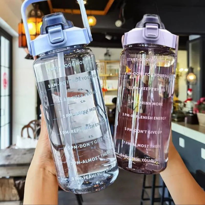 2 Liter Water Bottle with Straw Female Jug Girls Portable Travel bottles Fitness Bike Cup Summer Cold Water Jug with Time Marker